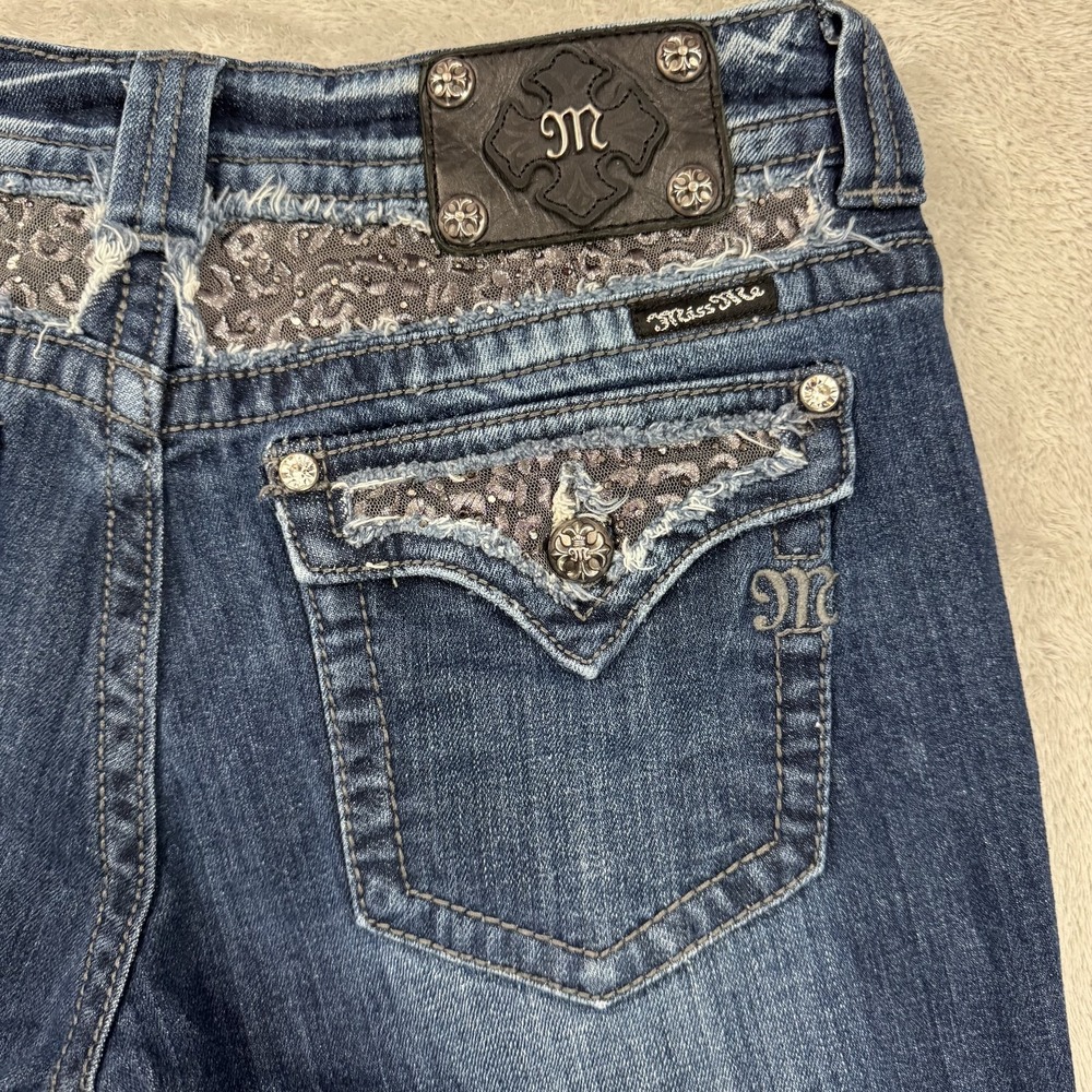 Miss Me Bootcut Mid Rise Jeans Womens 32 Stretch Embellished Dark Wash Blue Y2K
